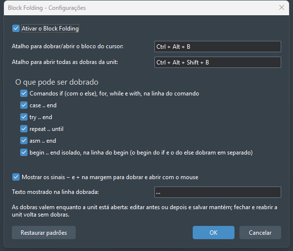 Janela de configurações do Block Folding: caixa para ativar a extensão, os dois atalhos, a lista do que pode ser dobrado, a opção de mostrar os sinais na margem e o texto mostrado na linha dobrada.