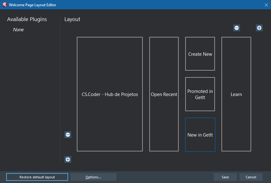 Welcome Page Layout Editor do Delphi, com o painel CS.Coder - Hub de Projetos posicionado no layout ao lado de Open Recent, Create New, Promoted in GetIt, New in GetIt e Learn.