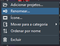 Menu de um grupo no Hub: Adicionar projetos, Renomear, Ícone, Mover para a categoria, Ordenar por nome e Excluir.