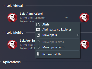 Menu de um projeto no Hub: Abrir, Abrir pasta no Explorer, Mover para, Mover para cima, Mover para baixo e Remover atalho.